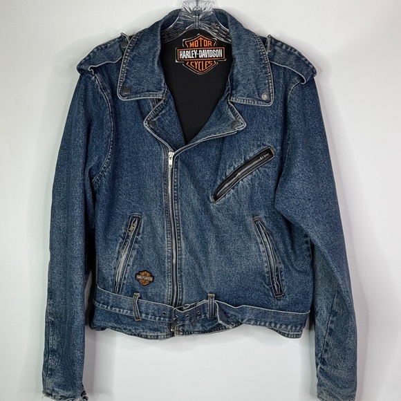 Vintage Harley Davidson Denim Jean Moto Biker Jacket Size Large - Picture 1 of 15